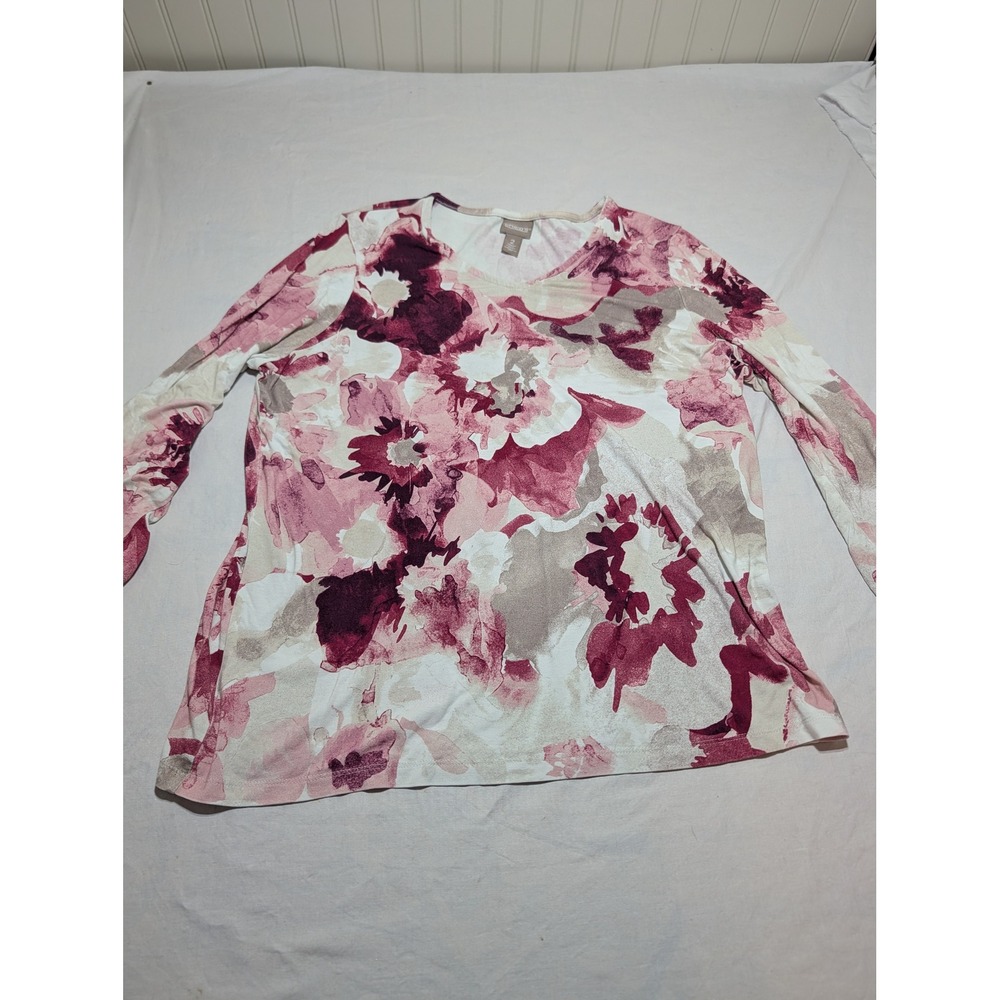 Chicos V-Neck Long Sleeve Abstract Floral Print Top Pink Size 2 L